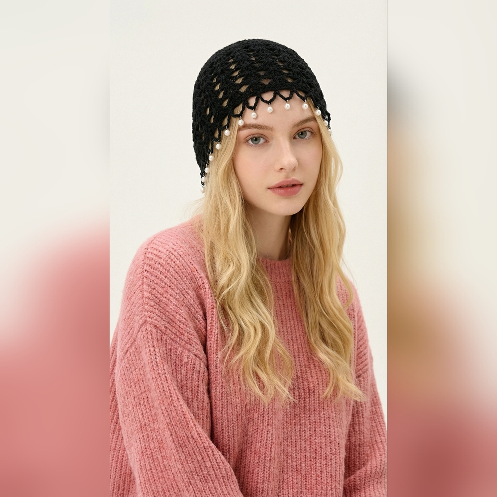 RELISTING Black Crochet Beanie with Pearl Accents - Picture 10 of 13